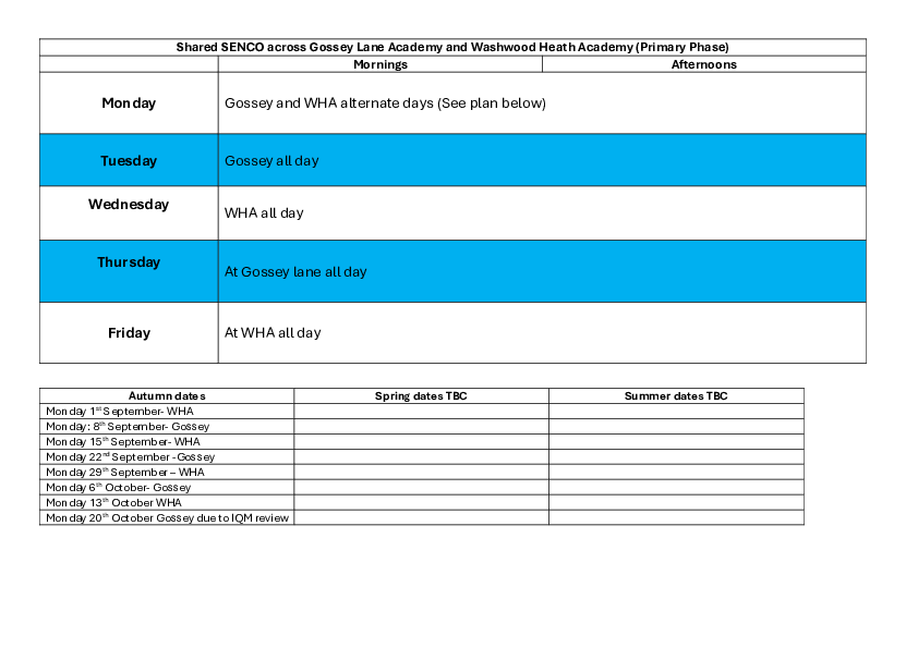 Shared SENCO timetable GOS and WHA for the website
